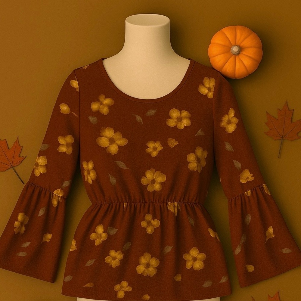 Discreet Brown Floral Peplum Blouse with Yellow Flowers